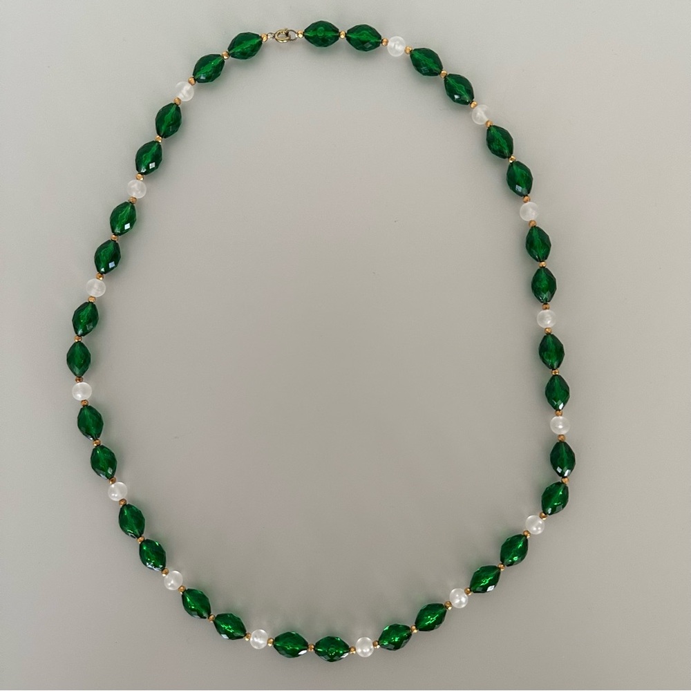 Anthropologie Vintage Beaded Necklace in Emerald Green, Gold, and Frosted Clear